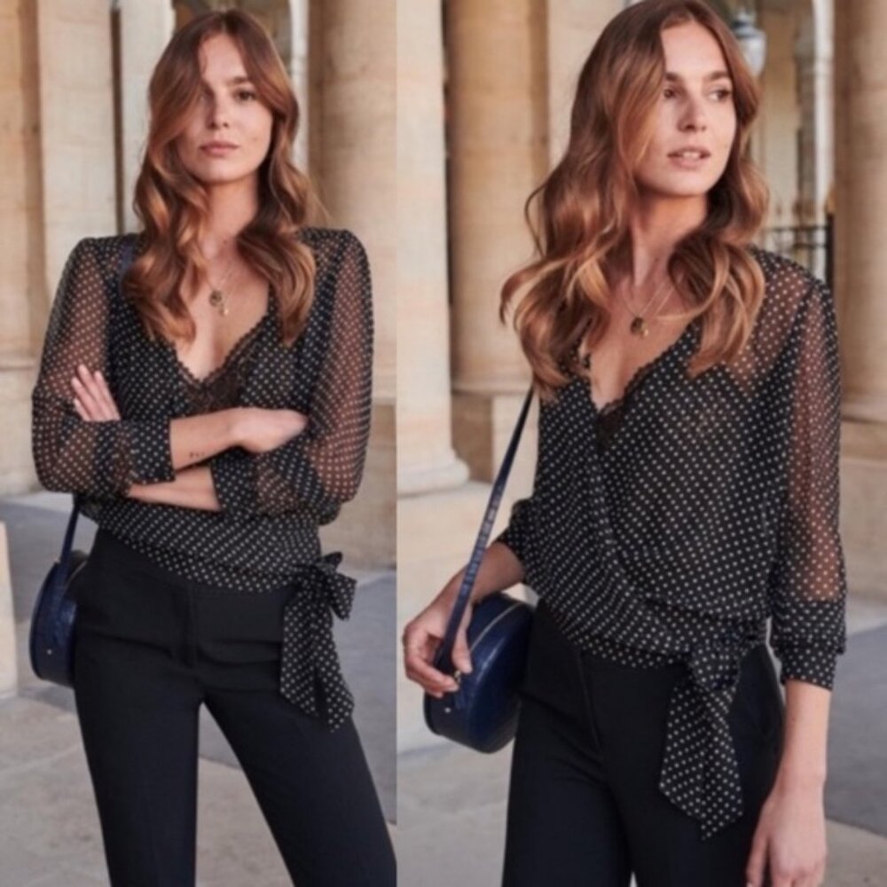Sezane 100% Silk Wrap Blouse Womens Size 40 French US 8 Polka Dot Top Black Ecru